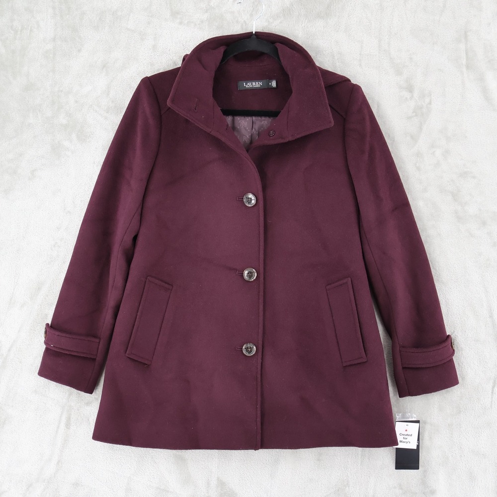 Lauren Ralph Lauren Wool Blend Pea Coat Womens 0 Purple Hooded Jacket Walker NWT